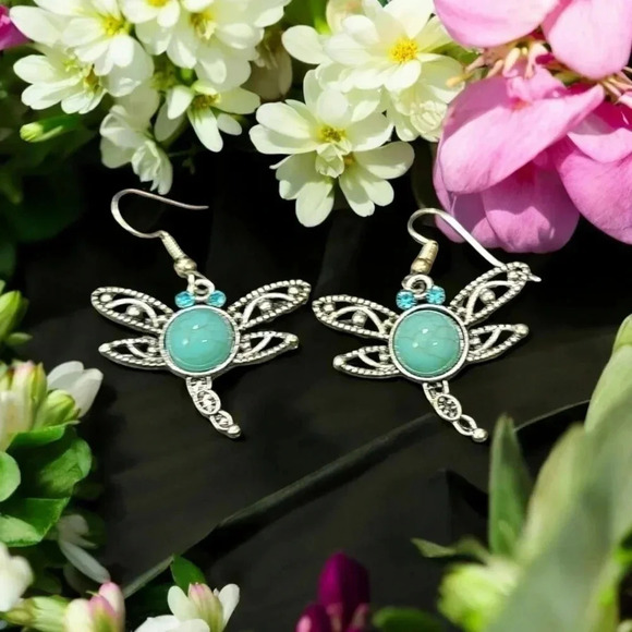 Silver Plated Turquoise Stone Rhinestone Dragonfly Dangle Earrings - Picture 2 of 2